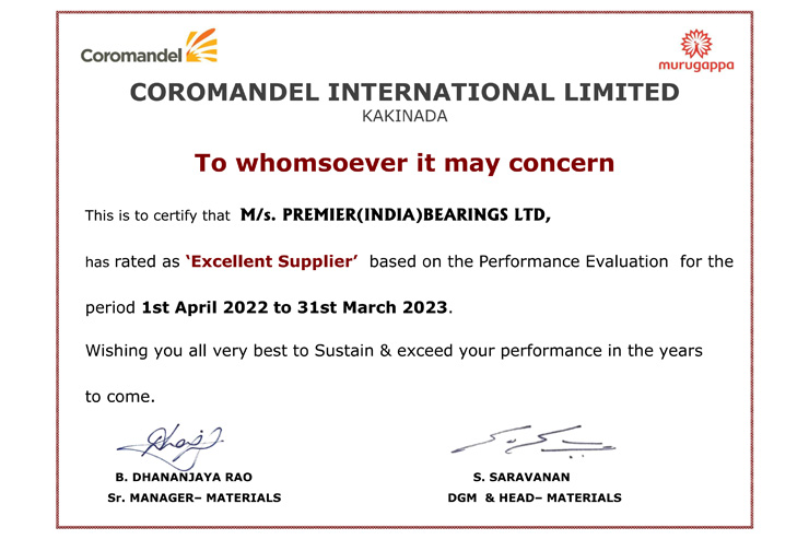 Premier receives Excellent Supplier Award from Coromandel International Limited